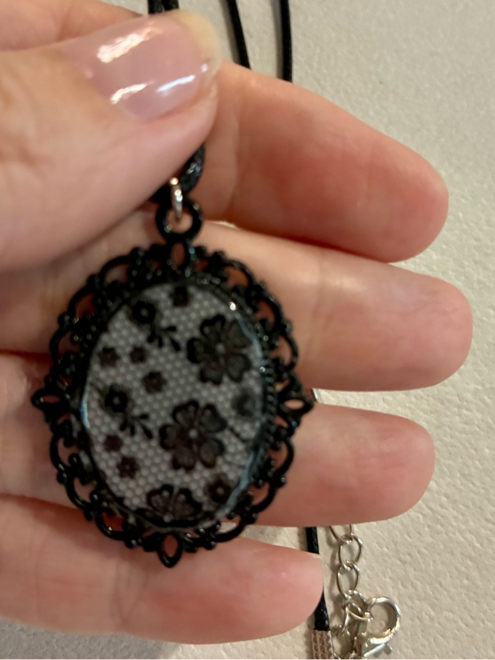 Black Floral Lace Oval Pendant Necklace